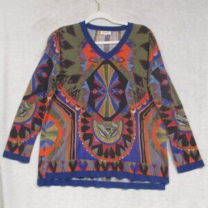 IVKO Woman V-Neck Geometric 100% Merino Wool Pullover Sweater Size 40